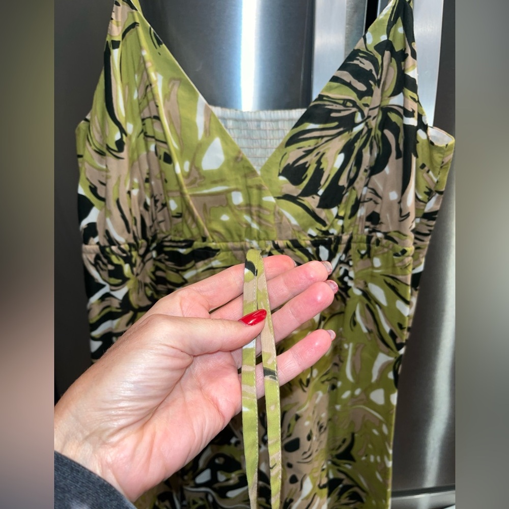 Long Tall Sally BLACK Olive Cotton Sun DRESS flowers V Neck MIDI Lined, SIZE 16 - Picture 8 of 16